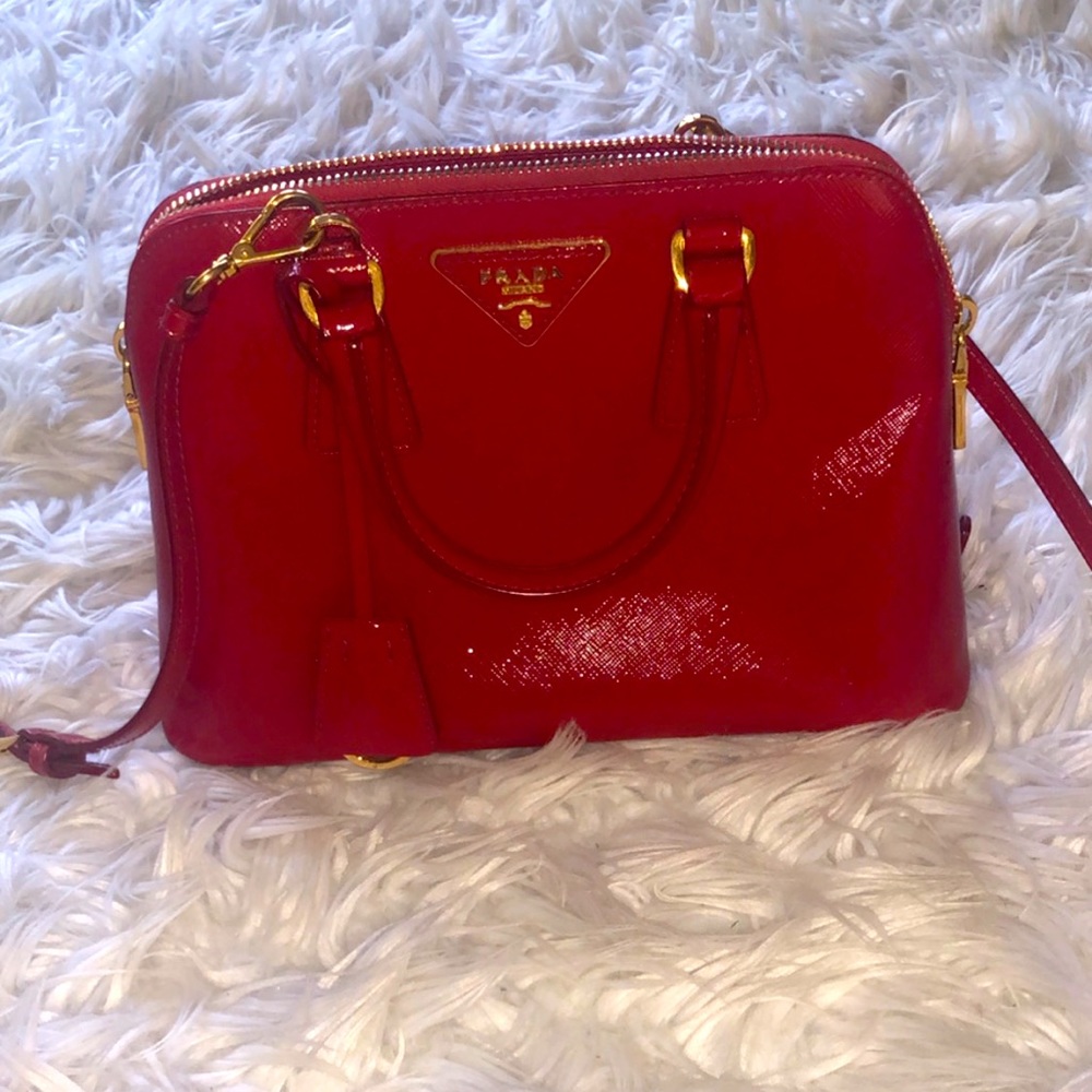 Authentic Prada Saffiano Vernice Mini Promenade Bag, Red
